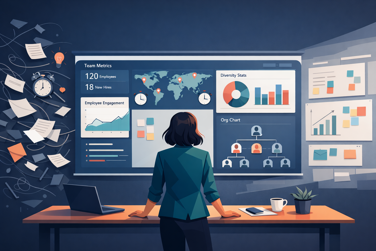 Modern illustration of an HR leader managing a digital people operations dashboard in a startup environment, balancing chaos and structure