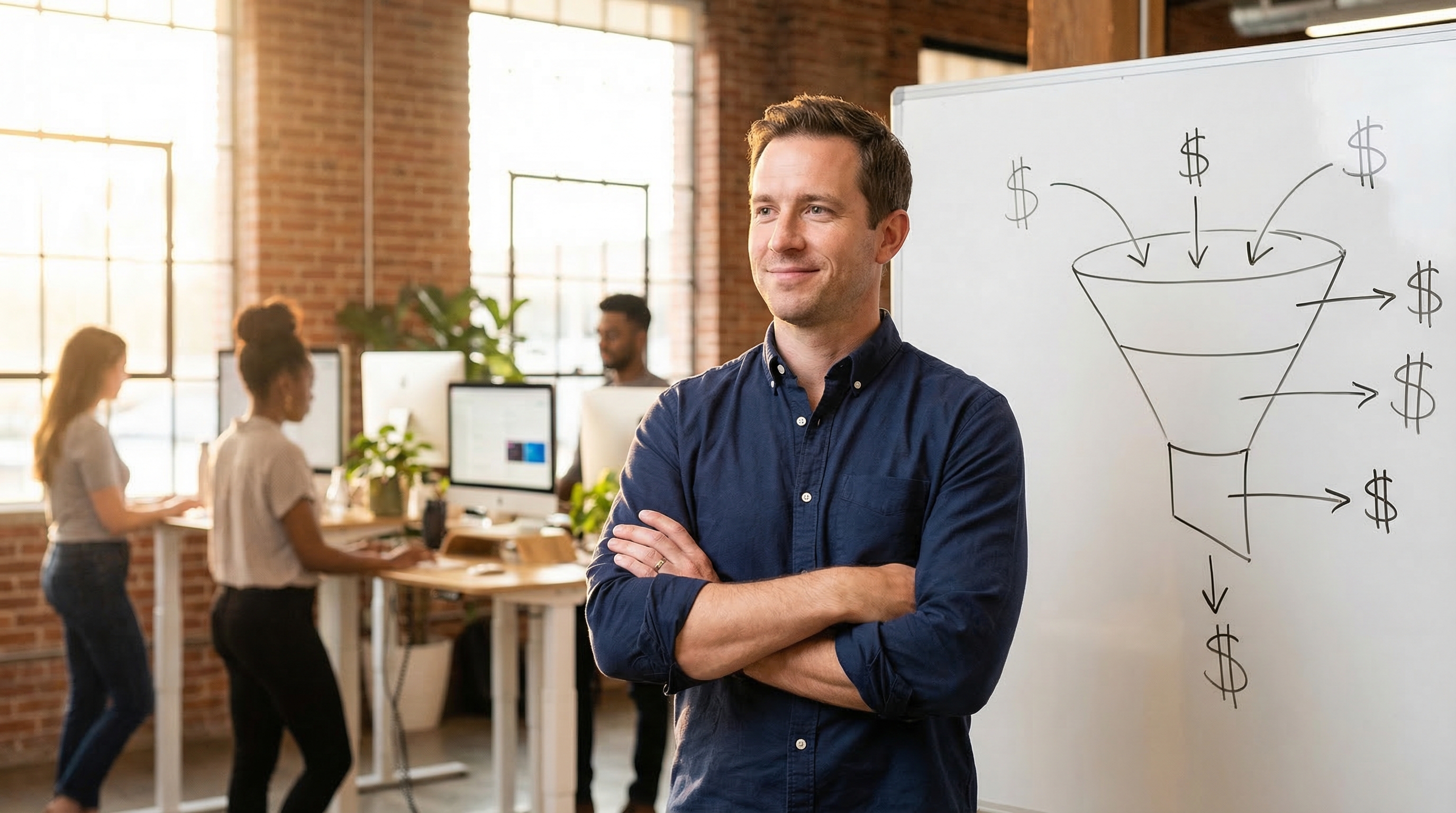 VP of Sales standing in a lean startup office near a whiteboard with a sales funnel diagram, representing the type of sales leader startups should hire